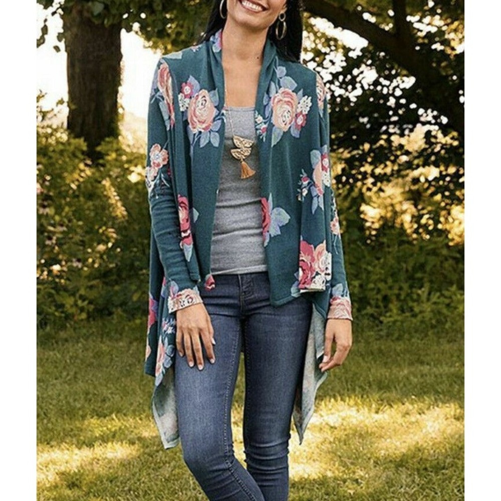 Matilda Jane Sweater Womens Size XS Cozy Days Floral Open Front Cascade Green